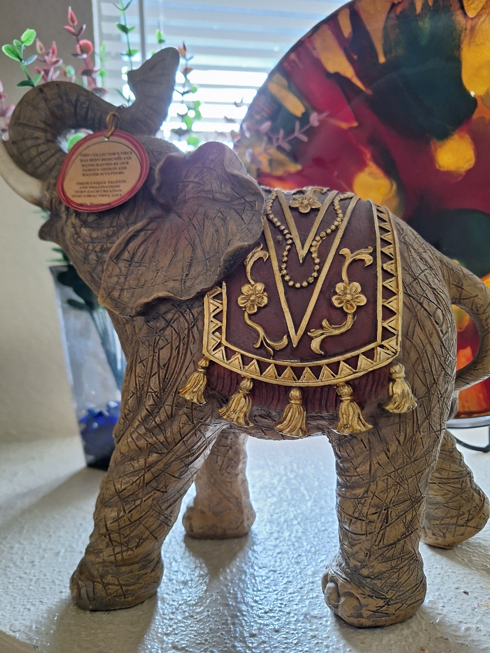 Decorative Elephant Figurine with Burgundy & Gold Saddle